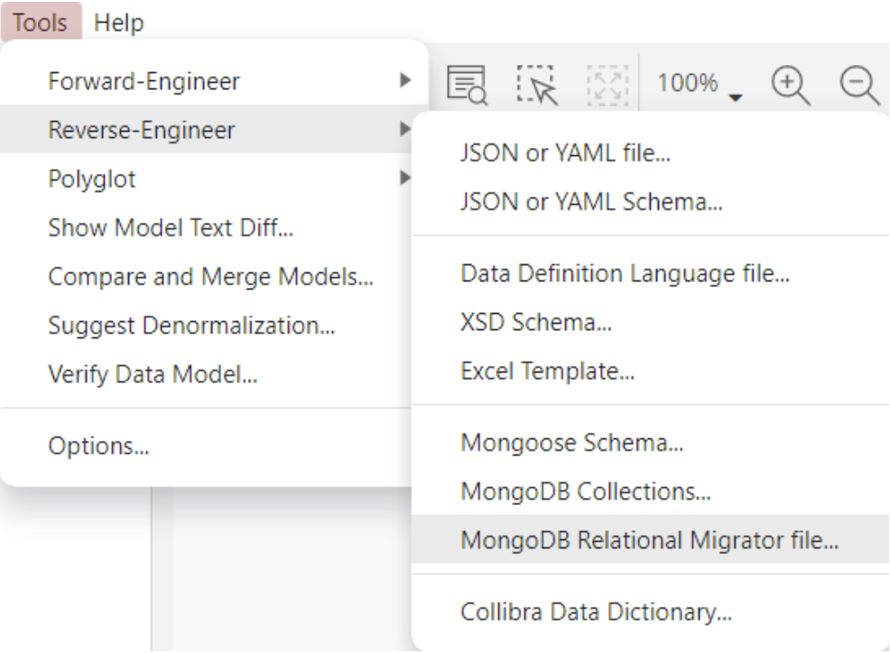 Screenshot of the menu for importing Relational Migrator in Hackolade Studio. Go to tools, then 